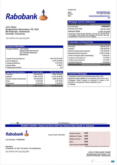 Download Netherlands Rabobank mortgage statement Word and PDF template Photoshop template